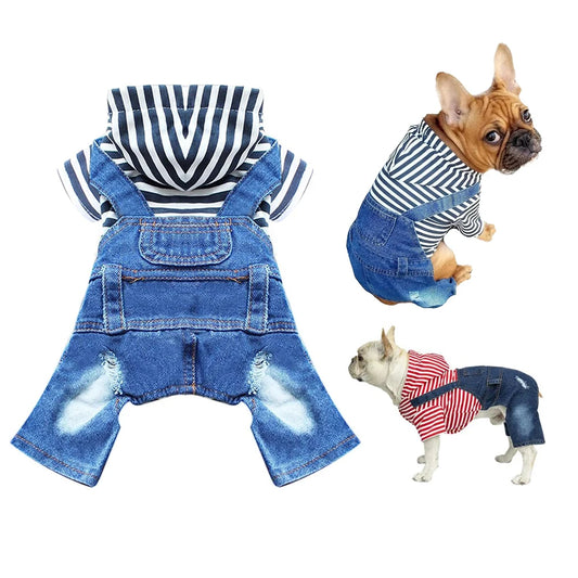 Small Dog Hoodie Clothes Stripe Shirts Denim Jumpsuit Outfit for Small Medium Dogs Cats Boy Girl Blue Jeans Overalls for Puppy